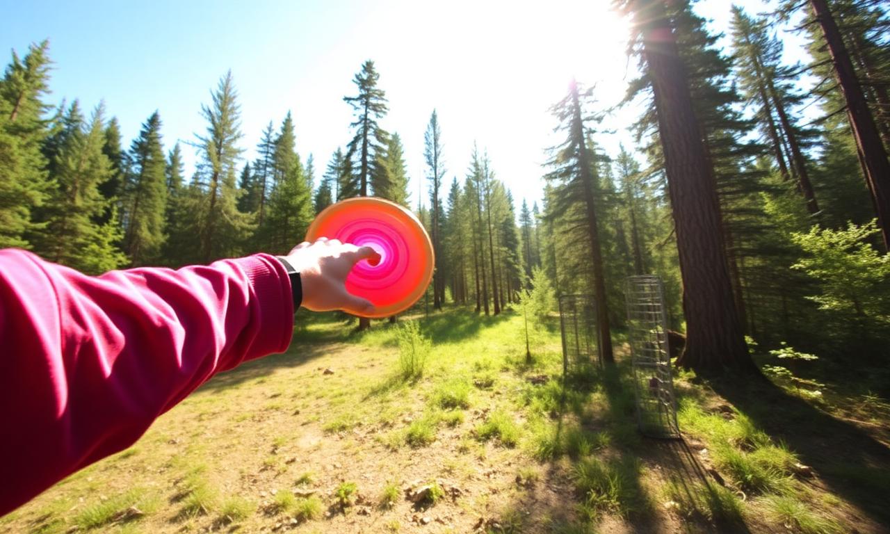 Person kaster en disk på en diskgolfbane i skogen